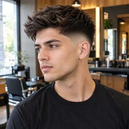 Young man with textured hair and a clean mid fade haircut in a modern barbershop