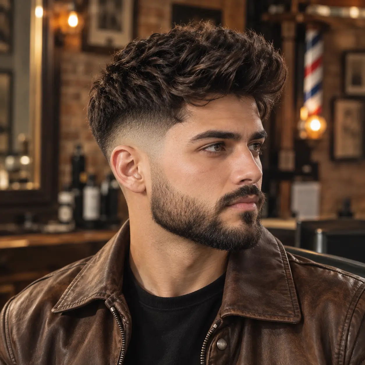 A young adult man wearing a brown leather jacket poses in three-quarter view inside a warmly lit rustic barber shop, showing a clean mid fade, textured medium-length dark hair, and a neatly groomed full beard naturally connected to the fade.