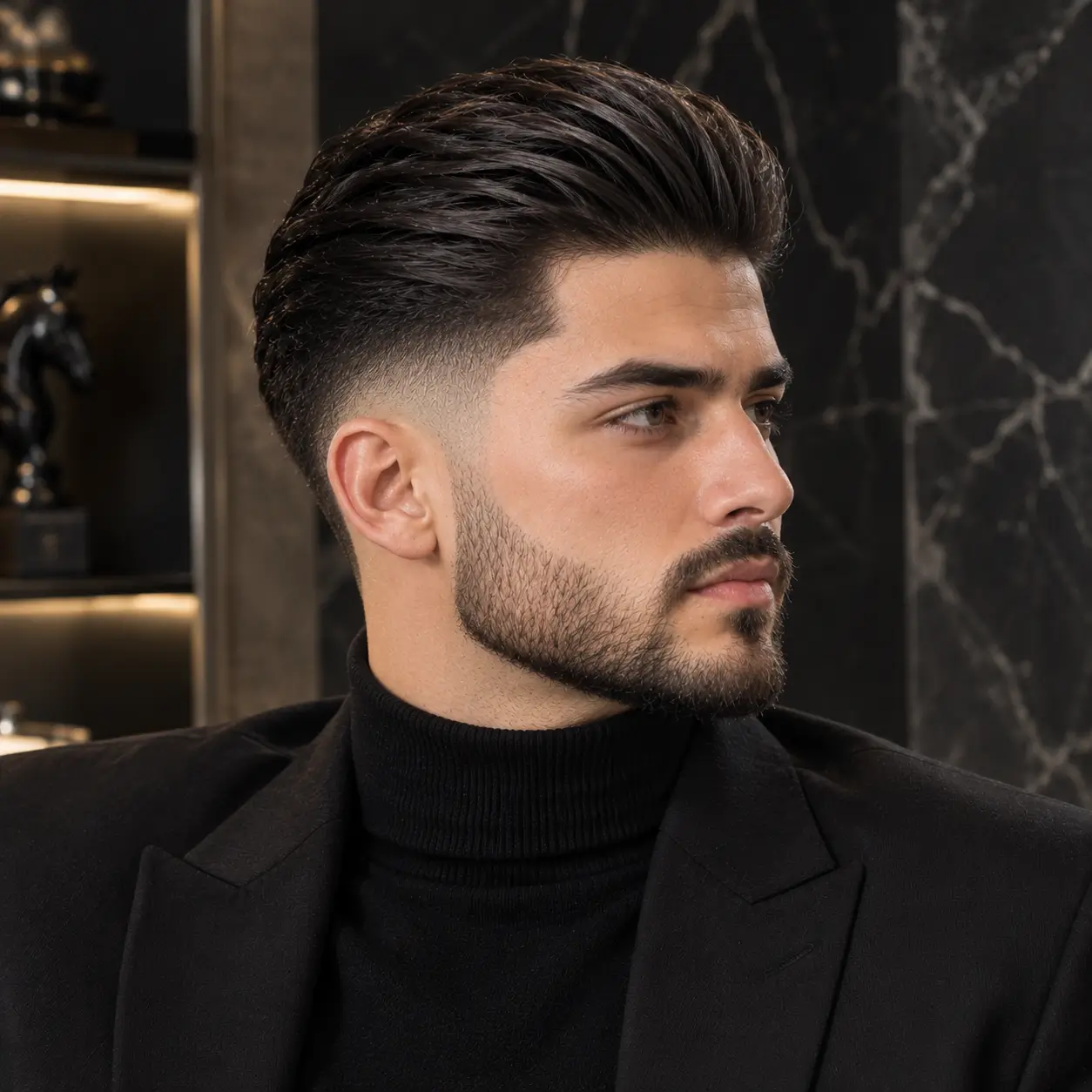 A young adult man in a black turtleneck and blazer poses in side three-quarter view, featuring a clean mid fade and glossy dark hair slicked completely backward. He stands against dark marble walls in a luxurious modern interior with controlled lighting.