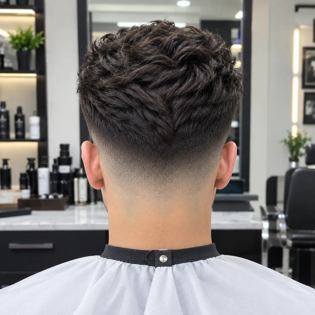 A young male model is shown from the back wearing a white barber cape, displaying a precisely blended mid fade around the back of the head and neckline with longer textured dark hair on top. He is seated in a brightly lit professional barbershop.