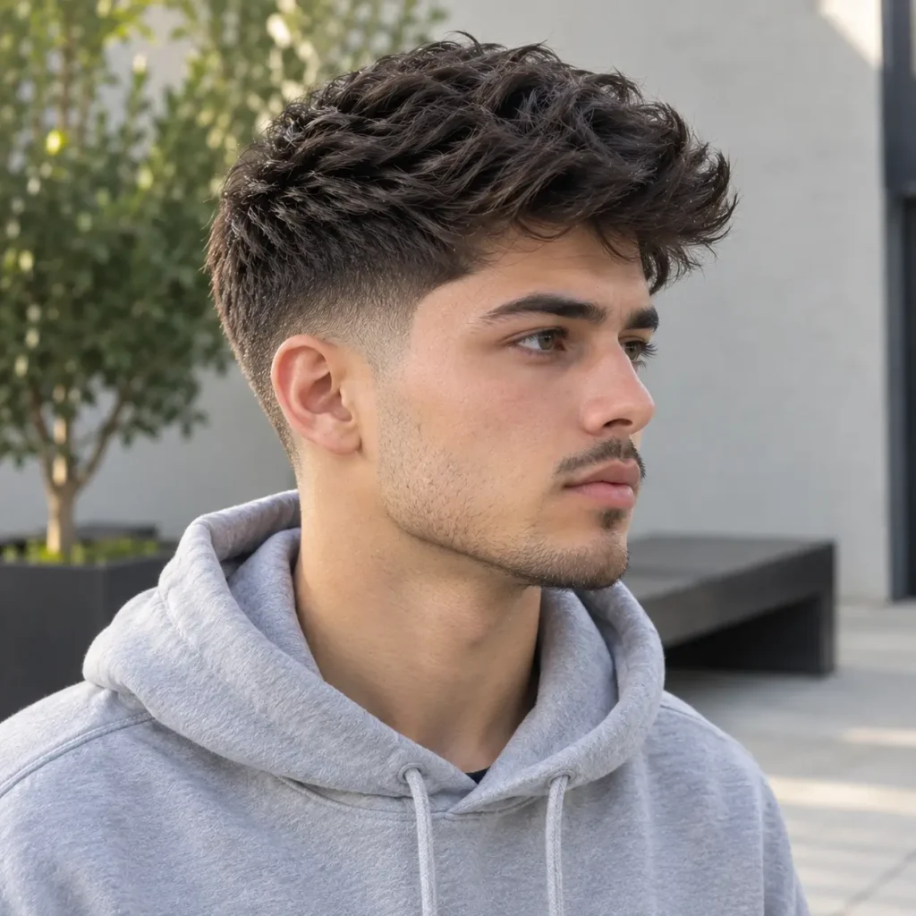 A young man in a light gray hoodie poses in three-quarter side view outdoors, showing a refined taper mid fade with gradually tapered temples and neckline and a textured medium-length top. Soft morning light illuminates his face against a minimalist courtyard with blurred greenery.