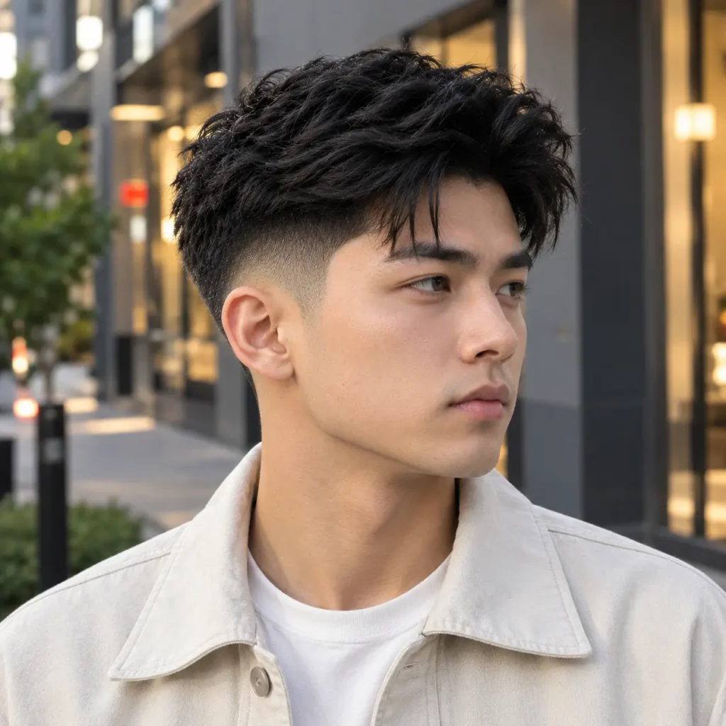 A young East Asian man in a cream overshirt stands on a modern urban street at dusk, shown from a front three-quarter angle with thick textured black hair styled in a clean mid fade. Warm evening lights and buildings blur softly in the background.