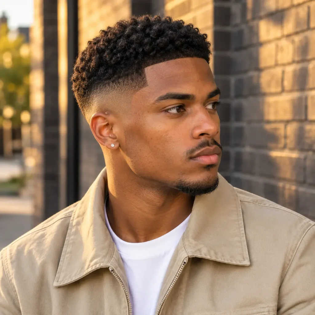 A young man with short, curly black hair styled in a mid fade haircut, a neatly trimmed mustache and goatee, wearing a beige jacket over a white shirt and looking to the side.