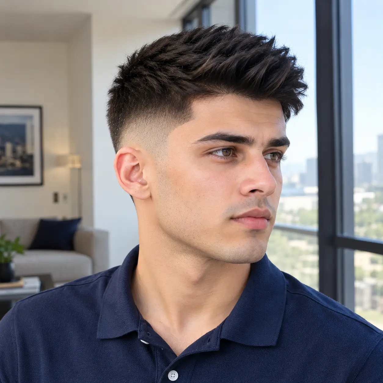 A young man with thick, straight dark hair styled in a textured top and a clean mid fade haircut, wearing a navy blue polo shirt and looking to the side indoors.