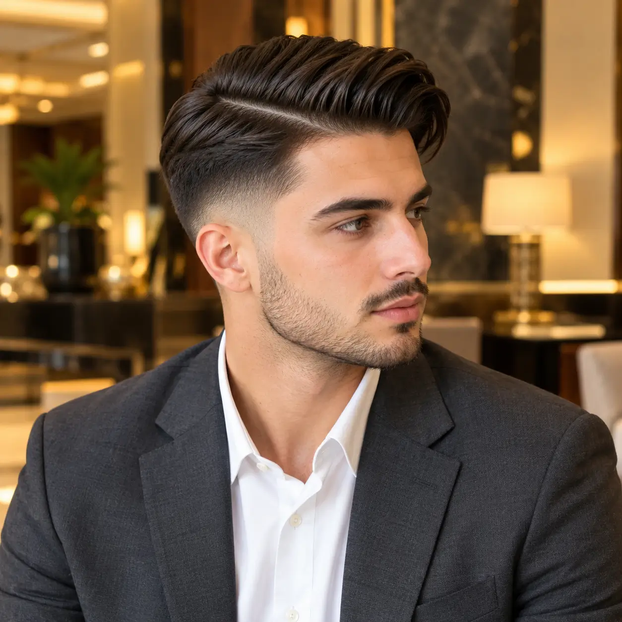 A young man with neatly styled dark hair in a mid fade comb-over haircut, wearing a black blazer over a white shirt and looking to the side in a warmly lit modern interior.