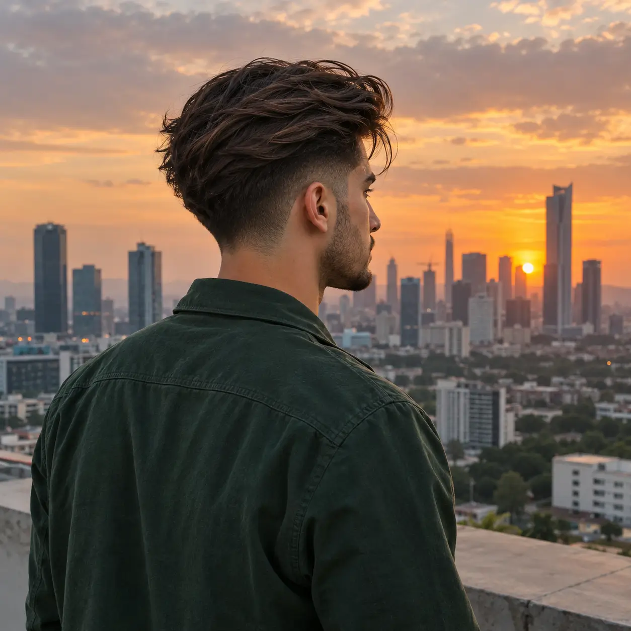 A young man with long, wavy dark hair and a mid-fade haircut stands on a rooftop overlooking a city skyline at sunset.