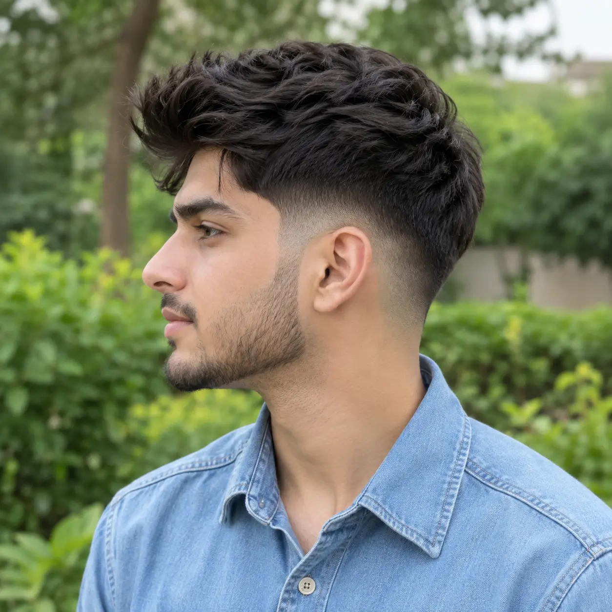 A young man in side profile wearing a light blue denim shirt, with a textured top and subtle low mid fade haircut, standing outdoors against softly blurred green garden foliage in overcast daylight.