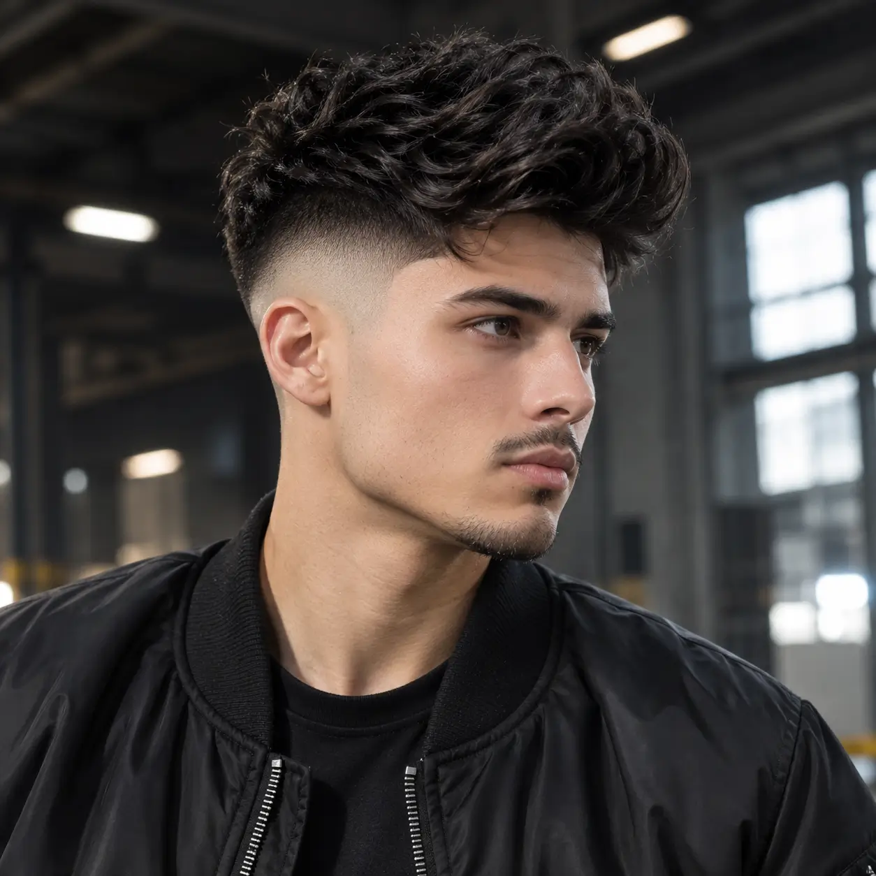 A young man in a black bomber jacket poses in a modern industrial warehouse, shown in a front three-quarter view with a high mid fade haircut, thick textured dark hair, and dramatic directional lighting.
