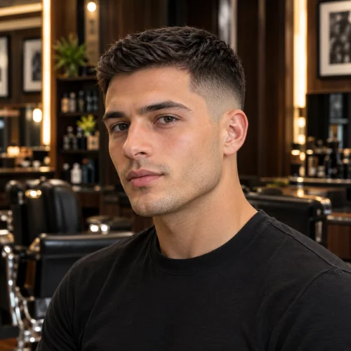 Classic short mid fade haircut with neatly blended sides and a clean short top.