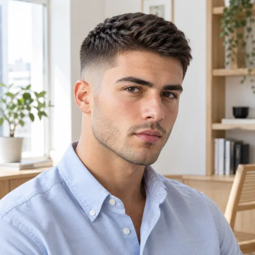 Short mid fade haircut for straight hair with a smooth top and blended sides.