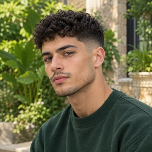  Short mid fade for curly hair with defined natural curls and cleanly faded sides.