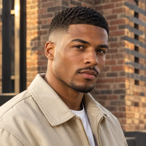Short mid fade haircut for Black men with a sharp line-up and tightly textured hair.