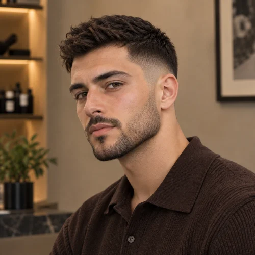 Short mid fade haircut paired with a neatly trimmed short beard.