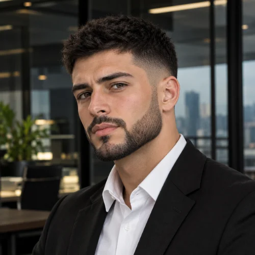 Short mid fade with a neatly shaped boxed beard and defined cheek lines.