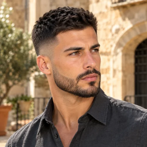 Short mid fade haircut paired with a carefully groomed Italian-style beard.