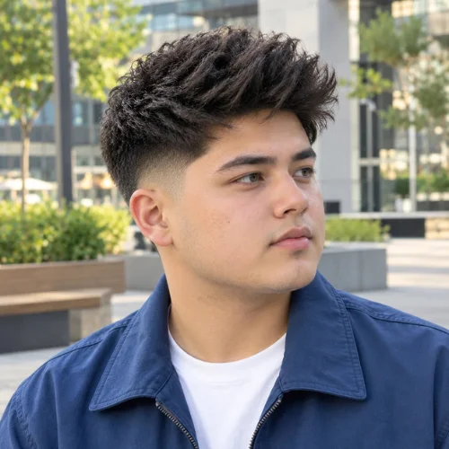 A young man wearing a blue casual jacket stands in a bright modern outdoor plaza, shown in a front three-quarter view with a round face, clean mid fade, and textured hair styled with extra height on top. Natural afternoon light illuminates his face against a softly blurred urban background.