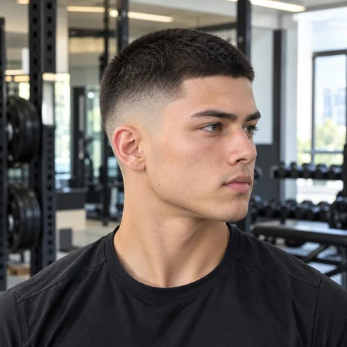 **Alt text:**
A young athletic man wearing a black T-shirt poses in a modern gym, shown in a front three-quarter view with a very short buzz cut, clean mid fade, and sharply blended sides. Gym equipment and bright windows are softly blurred in the background.
