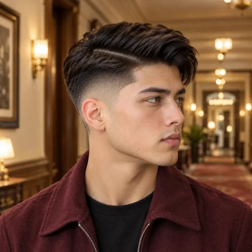 **Alt text:** A young man wearing a burgundy jacket poses in side three-quarter view inside an elegant vintage hotel corridor, featuring an undercut comb-over with longer dark hair swept sideways and a distinct separation above the faded sides. Warm lighting and chandeliers blur in the background.