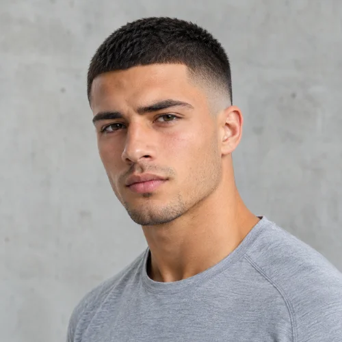 Short mid fade haircut with a closely trimmed top and smoothly blended sides.