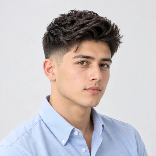 **Alt text:**
A young man wearing a light blue button-up shirt poses in a front three-quarter view against a bright minimalist studio background, featuring an oval face, naturally textured medium-length dark hair, and a classic mid fade with clean blended sides. Soft professional lighting highlights his face and hairstyle.
