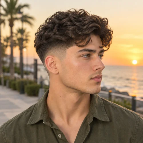 **Alt text:**
A young man in an olive green shirt poses in side three-quarter view on a beach promenade at sunset, featuring naturally wavy dark hair with defined volume on top and a smooth mid fade on the sides. Palm trees, the ocean, and a glowing sunset are softly blurred in the background.
