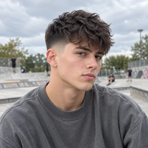 A young man in an oversized gray sweatshirt poses in front three-quarter view at a contemporary skatepark, featuring a mid fade haircut with choppy textured fringe falling slightly over his forehead and clean faded sides. Concrete ramps, fencing, trees, and blurred skaters appear in the background under cloudy daylight.