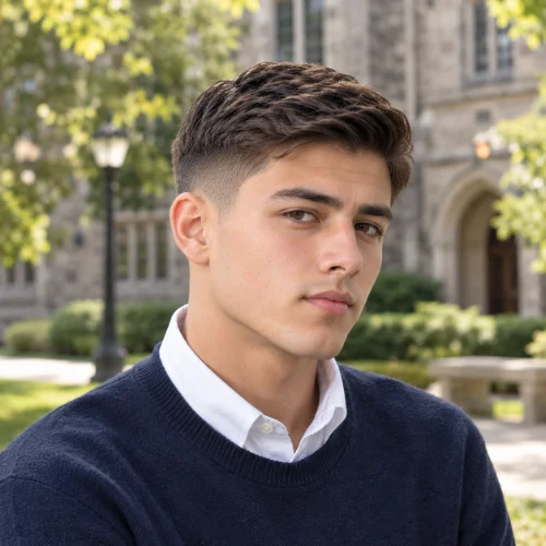 Young man with an Ivy League mid fade and side-swept hair wearing a navy sweater and white collared shirt on a university campus.