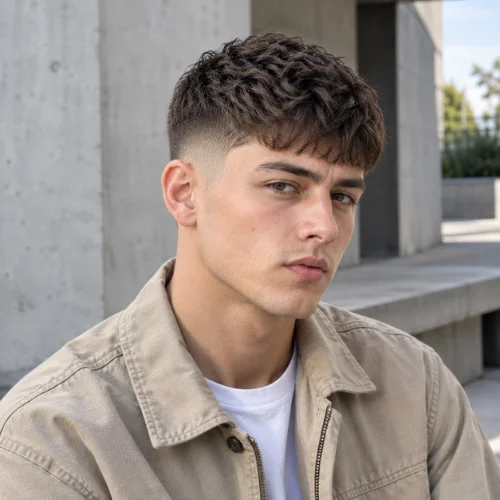 **Alt text:**
Young man with a textured French crop and mid fade wearing a beige utility jacket against modern concrete architecture.

