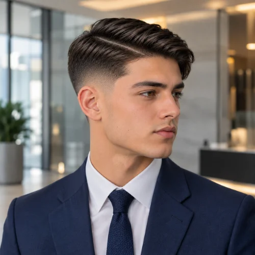**Alt text:**
Young man with a classic side-part mid fade wearing a navy suit and tie in a modern office lobby.
