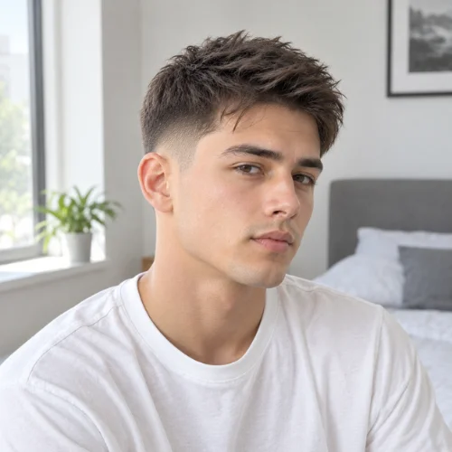 **Alt text:**
Young man with thin textured hair styled in a mid fade, wearing a white shirt in a bright minimalist bedroom with soft window light.
