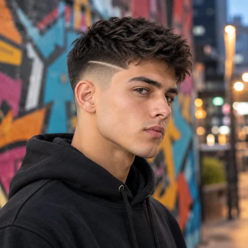 **Alt text:**
Young man with a textured mid fade and shaved line above the temple, wearing a black hoodie against a colorful urban mural.
