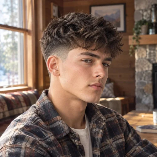 **Alt text:**
Young man with messy textured hair and a mid fade wearing a flannel shirt in a cozy rustic cabin with warm morning light.
