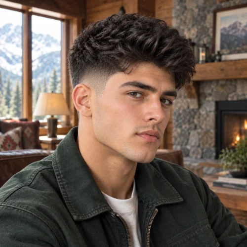 **Alt text:**
Young man with thick textured hair and a clean mid fade wearing a dark green jacket in a cozy mountain lodge.
