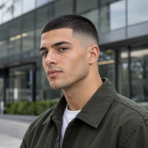 Very short mid fade haircut featuring close-cropped hair and a precise skin fade.