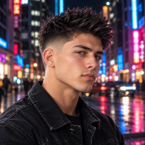 **Alt text:**
Young man with thick textured hair and a clean mid fade wearing a dark green jacket in a cozy mountain lodge.
