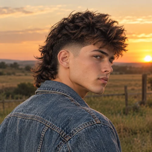 **Alt text:**
Young man with a modern mid fade mullet wearing a denim jacket, looking back over his shoulder in a sunlit rural field at sunset.
