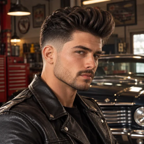 **Alt text:**
Adult man with a voluminous pompadour and clean mid fade wearing a black leather jacket in a vintage car garage.
