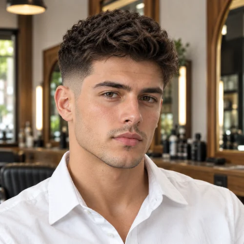 **Alt text:**
Young man with a classic mid fade and textured hair wearing a white shirt in a modern barbershop.
