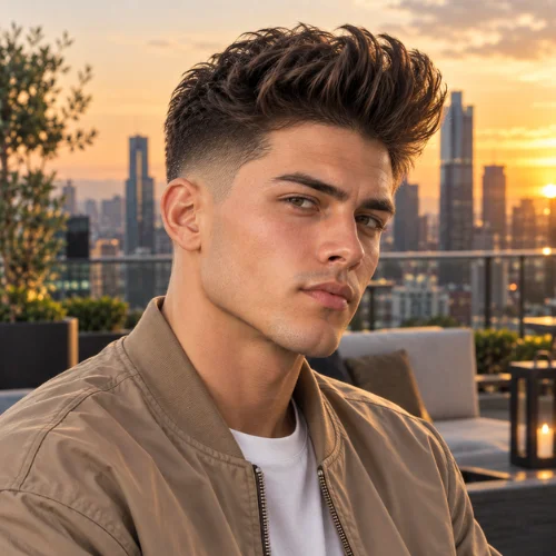 **Alt text:**
Young man with a voluminous quiff and mid fade wearing a tan bomber jacket on a rooftop overlooking skyscrapers at sunset.
