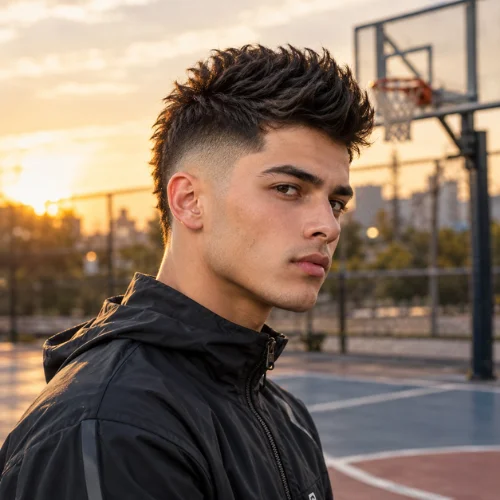 **Alt text:**
Young man with a textured faux hawk and mid fade wearing a dark athletic jacket on a basketball court at sunset.
