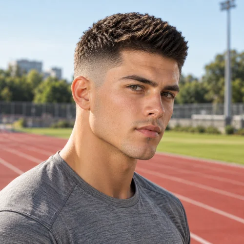 **Alt text:**
Athletic young man with a clean crew cut and mid fade wearing a gray sports shirt on an outdoor running track.
