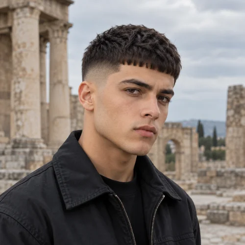 Young man with a textured Caesar cut and mid fade in front of ancient stone ruins.
