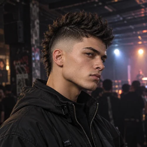 Young man with a textured mohawk mid fade at an underground music venue.
