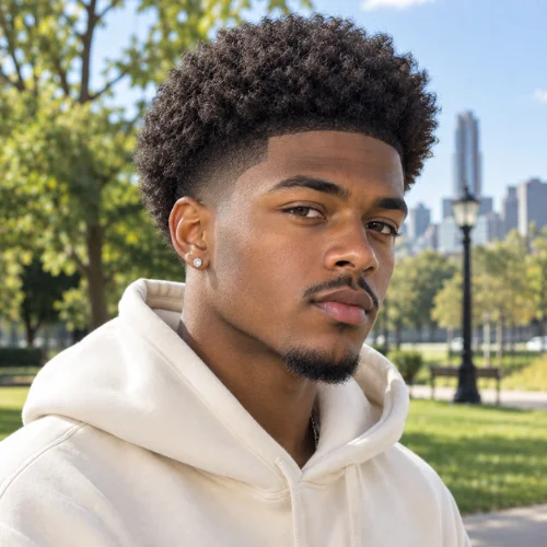 **Alt text:**
Black man with a rounded afro and clean mid fade wearing a cream hoodie in a sunny urban park.
