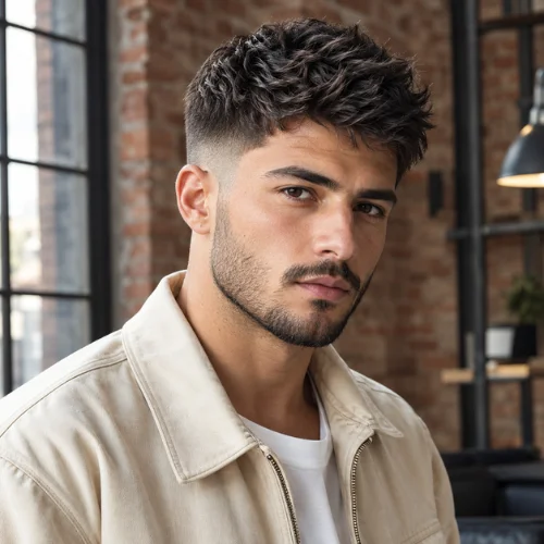 Short mid fade haircut with a textured top and cleanly blended sides.
