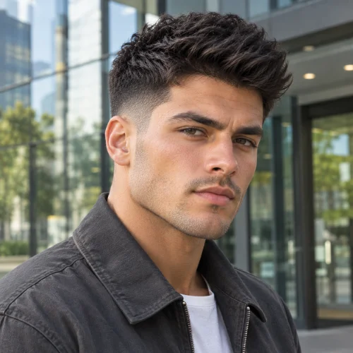 **Alt text:**
Young man with a square face and textured mid fade wearing a charcoal jacket outside a modern glass building.
