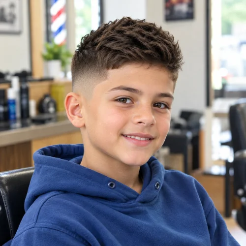 Young boy with a textured mid fade haircut smiling in a bright barbershop.
