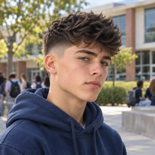 Teenage boy with a textured mid fade wearing a hoodie on a school campus.
