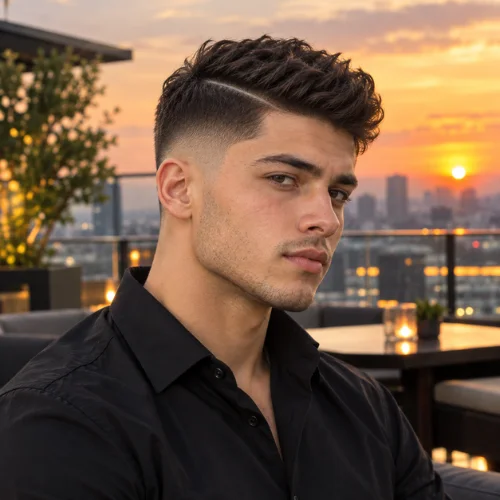 Young man with a hard-part mid fade on a rooftop at sunset.
