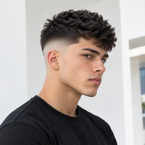 Young man with a textured skin mid fade wearing a black T-shirt.
